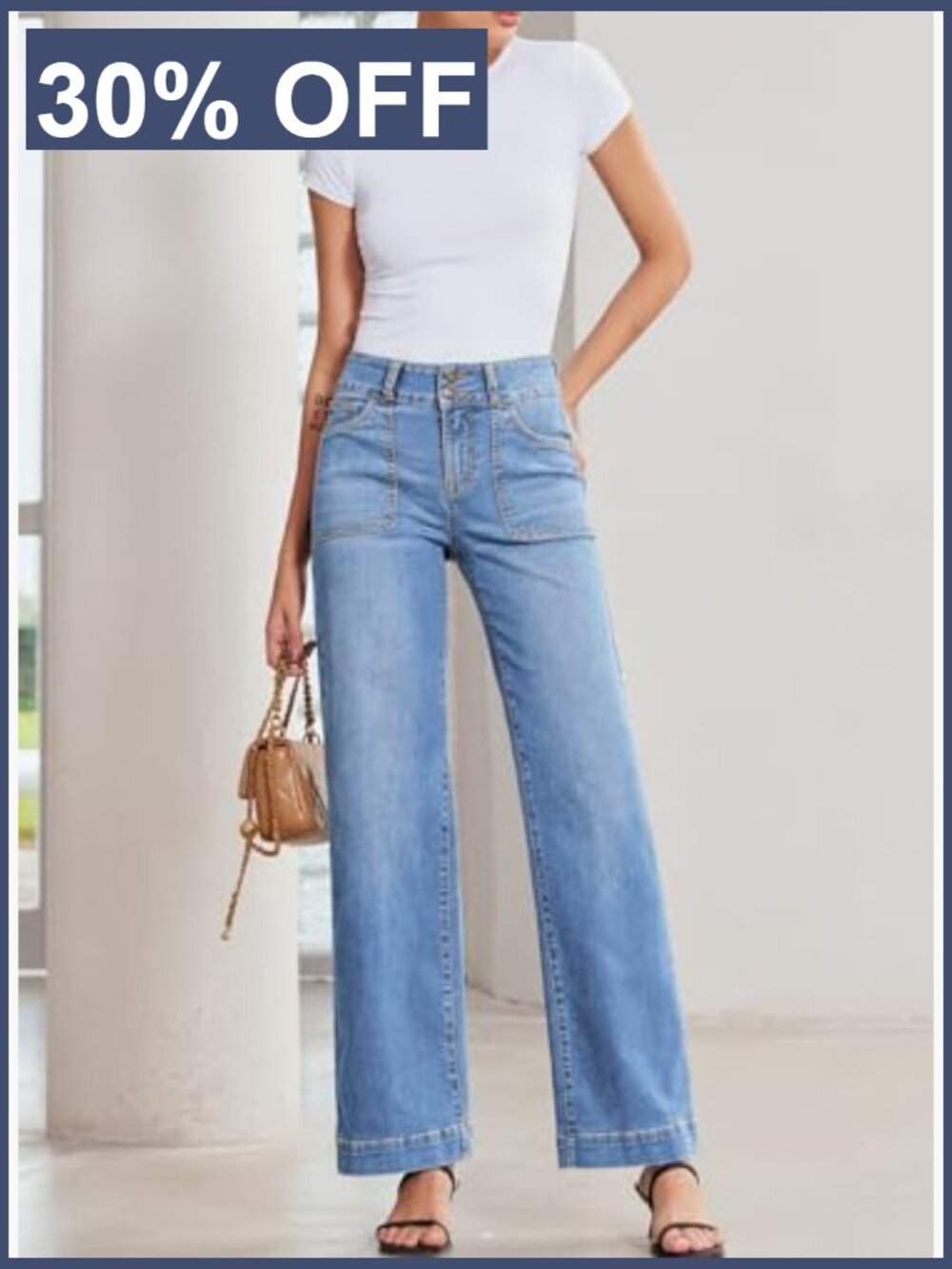 High Waisted Wide Leg Jeans Stretchy Tummy Control Straight Leg Denim Pants - Picture 5 of 7